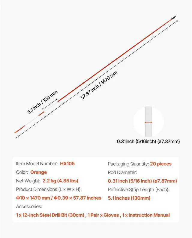 Alt view image 7 of 7 - Driveway Markers, 20Pcs 58 in Long 5/16 in Dia, Hi-Visibility Driveway Reflectors with 12 in Steel Drill Bits, Reflective Snow Sticks Fiberglass Pole for Parking Lots, Walkways, Snow Plowing
