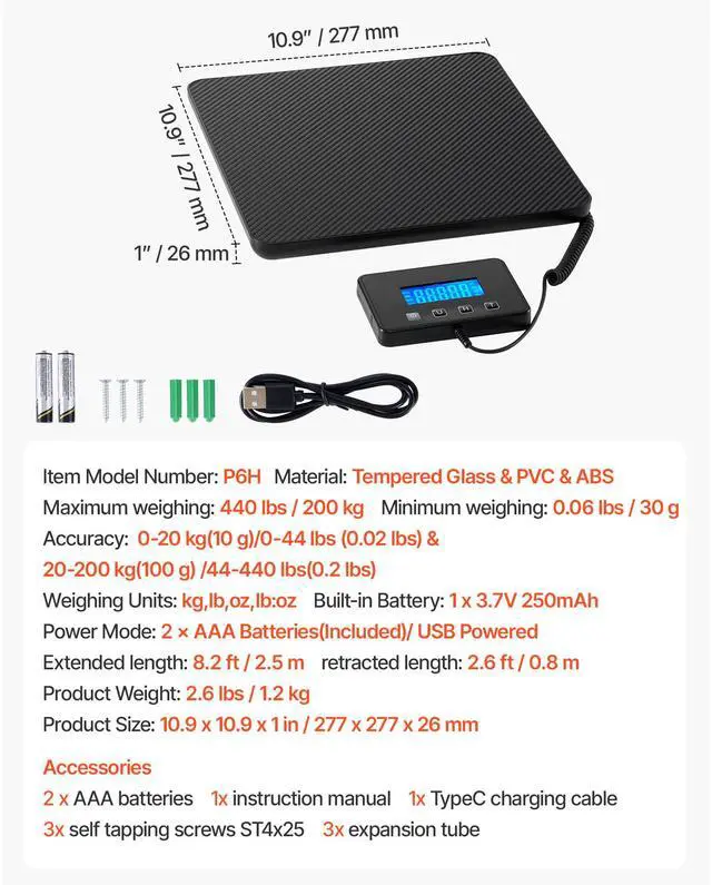 Alt view image 7 of 7 - Digital Postal Scale, 0.35 oz/3.5 oz Dual Accuracy, 440 lbs Commercial Weight Scale with Hold/Tare Function & LCD Display, Fit for Packages, Postage, Luggage, Battery & Charging Cable Included