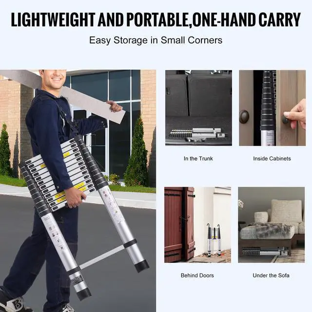 Alt view image 6 of 8 - VEVOR Telescoping Ladder, 16.4FT Aluminum Lightweight Extension Ladder, Multi-button Retraction Collapsible Ladder, 375 LBS Capacity with Non-slip Feet, Portable Compact Ladders for Home, RV, Loft