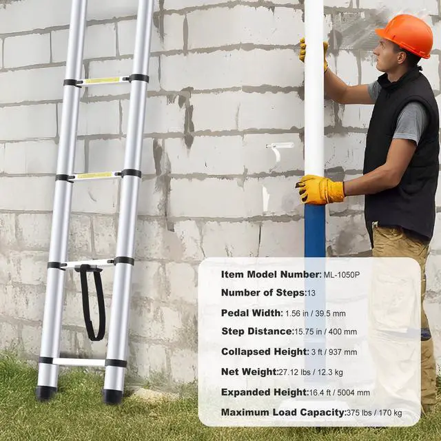 Alt view image 8 of 8 - VEVOR Telescoping Ladder, 16.4FT Aluminum Lightweight Extension Ladder, Multi-button Retraction Collapsible Ladder, 375 LBS Capacity with Non-slip Feet, Portable Compact Ladders for Home, RV, Loft