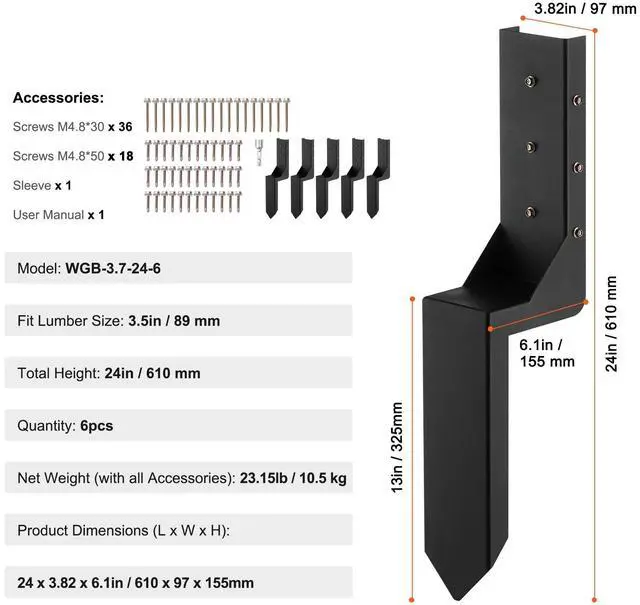 Alt view image 14 of 14 - VEVOR Fence Post Anchor Repair Kit, 6 Pack Inner Diameter 3.5 x3.5 Inches Heavy Duty Steel Fence Post Support Stakes, Anchor Ground Spike for Repair Tilted, Broken Wood Fence Post, Enveloping