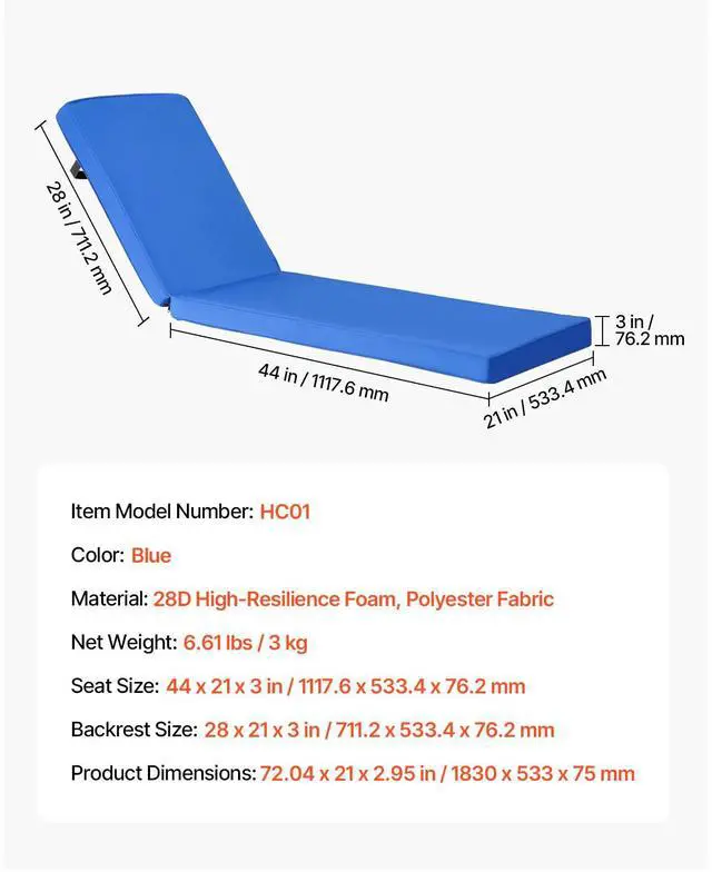 Alt view image 8 of 8 - VEVOR Outdoor Chaise Lounge Chair Cushion with Ties 72 x 21 in Waterproof Thick