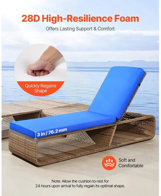 Alt view image 4 of 8 - VEVOR Outdoor Chaise Lounge Chair Cushion with Ties 72 x 21 in Waterproof Thick