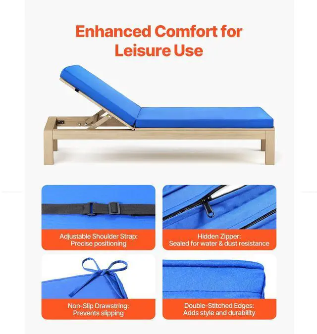 Alt view image 6 of 8 - VEVOR Outdoor Chaise Lounge Chair Cushion with Ties 72 x 21 in Waterproof Thick