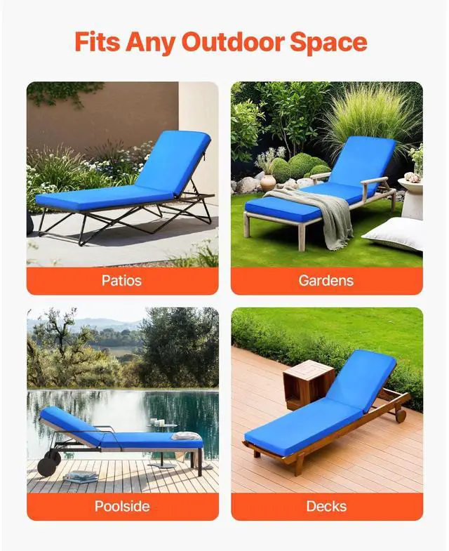 Alt view image 7 of 8 - VEVOR Outdoor Chaise Lounge Chair Cushion with Ties 72 x 21 in Waterproof Thick