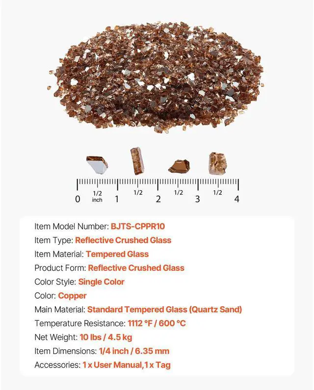 Alt view image 8 of 8 - VEVOR 10 LBS Fire Glass 1/4-Inch Fireplace Glass Rocks for Fire Pit Table Copper