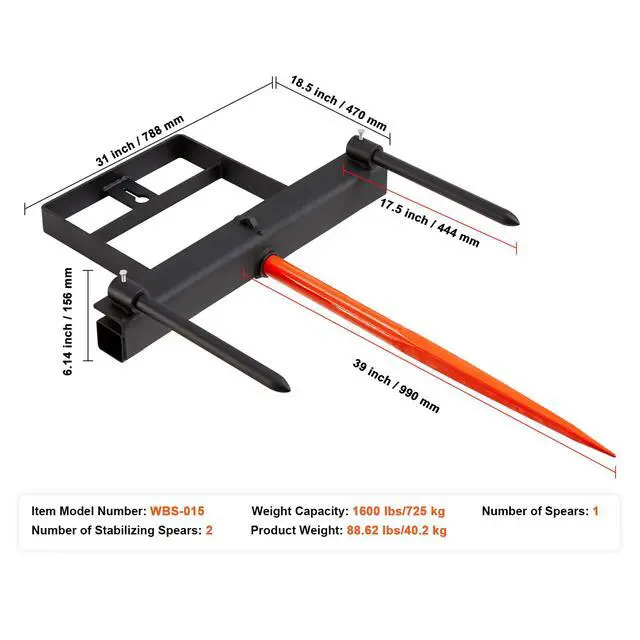 Alt view image 14 of 14 - VEVOR 39" Hay Spear, Bale Spears 1600lbs Loading Capacity, Skid Steer Loader Tractor Bucket Attachment with 2pcs 17.5" Stabilizer Spears and 60" Chain, Quick Attach Spike Forks