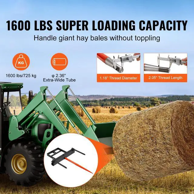Alt view image 9 of 14 - VEVOR 39" Hay Spear, Bale Spears 1600lbs Loading Capacity, Skid Steer Loader Tractor Bucket Attachment with 2pcs 17.5" Stabilizer Spears and 60" Chain, Quick Attach Spike Forks