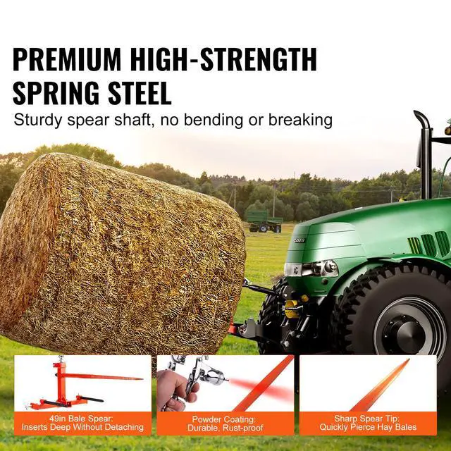 Alt view image 10 of 14 - VEVOR  49" Hay Spear, Bale Spears 1600lbs Loading Capacity, Three-Point Hitch Tractor Attachment with 2pcs 17.5" Stabilizer Spears, Quick Attach Spike Forks