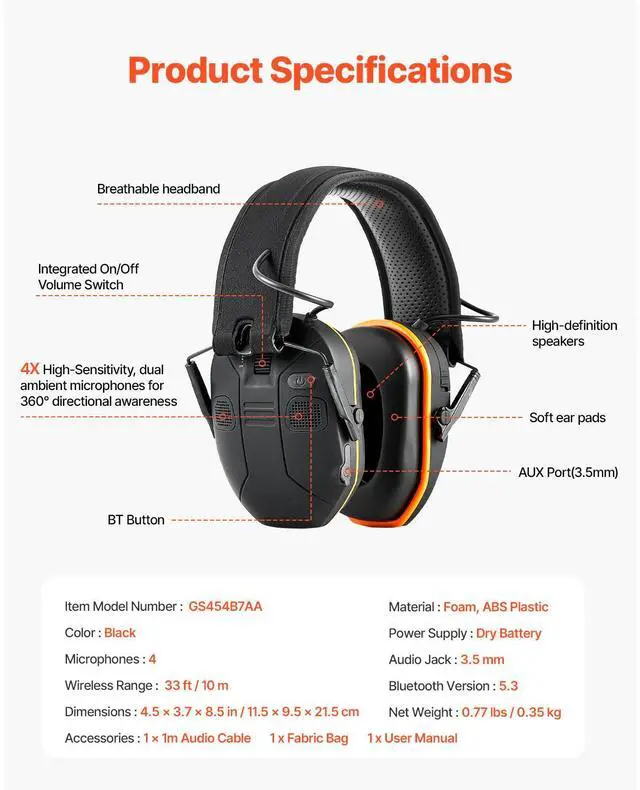 Alt view image 14 of 14 - VEVOR Safety Earmuffs Bluetooth Hearing Protection Ear Muffs Noise Reduction NRR23dB