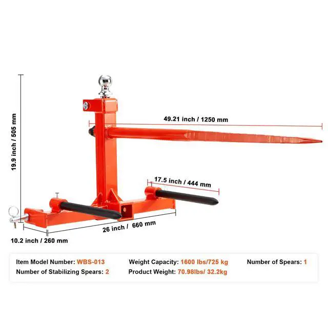 Alt view image 14 of 14 - VEVOR  49" Hay Spear, Bale Spears 1600lbs Loading Capacity, Three-Point Hitch Tractor Attachment with 2pcs 17.5" Stabilizer Spears, Quick Attach Spike Forks
