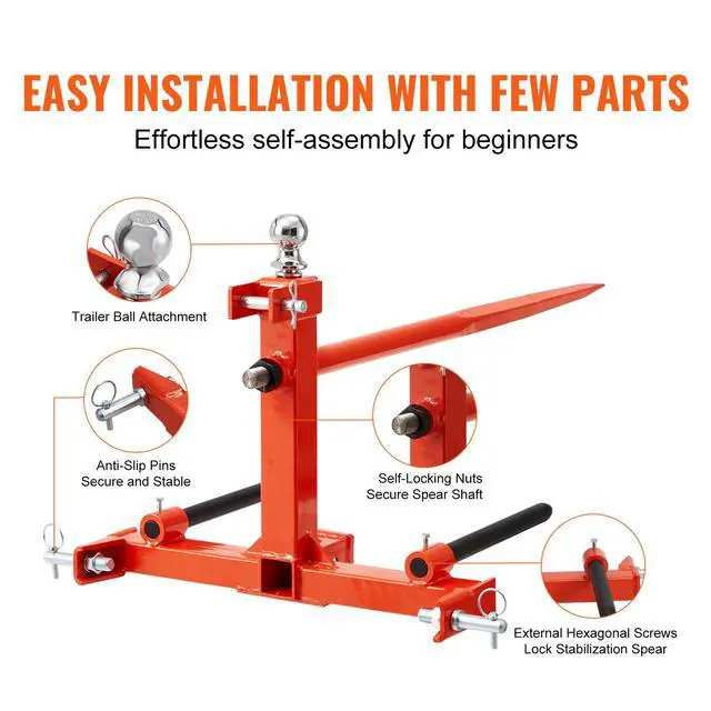 Alt view image 12 of 14 - VEVOR  49" Hay Spear, Bale Spears 1600lbs Loading Capacity, Three-Point Hitch Tractor Attachment with 2pcs 17.5" Stabilizer Spears, Quick Attach Spike Forks