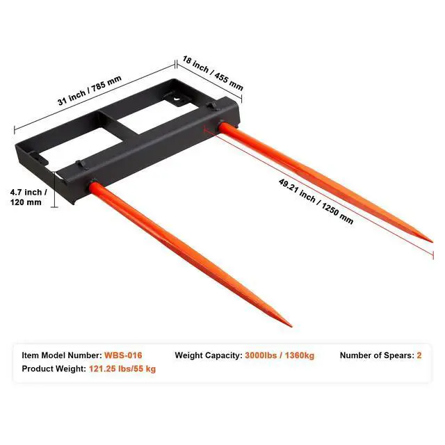 Alt view image 9 of 9 - VEVOR 49" Hay Spear, Bale Spears 3000lbs Loading Capacity, Skid Steer Loader Tractor Bucket Attachment with 2pcs 17.5" Stabilizer Spears and 60" Chain, Quick Attach Spike Forks