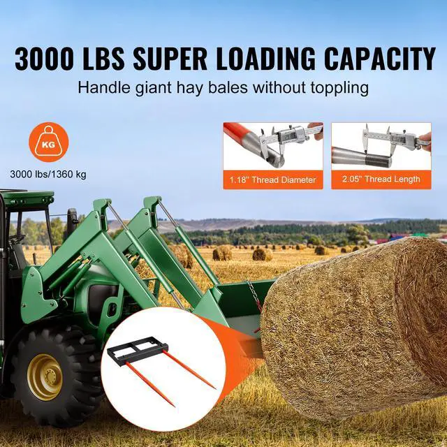 Alt view image 4 of 9 - VEVOR 49" Hay Spear, Bale Spears 3000lbs Loading Capacity, Skid Steer Loader Tractor Bucket Attachment with 2pcs 17.5" Stabilizer Spears and 60" Chain, Quick Attach Spike Forks