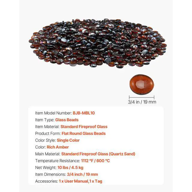 Alt view image 8 of 8 - VEVOR 10 LBS Fire Glass 3/4-Inch Round Fireplace Glass Rocks for Fire Pit Rich Amber