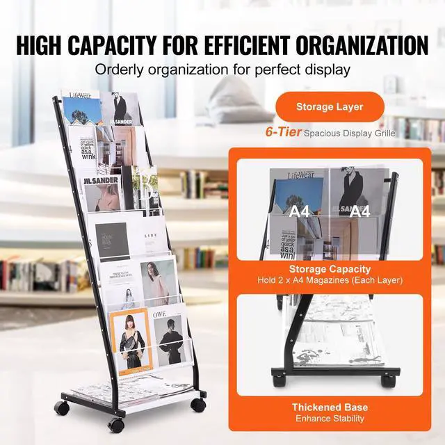 Alt view image 10 of 14 - VEVOR  Brochure Display Rack, 6-Tier Magazine Literature Display Stand, Floor Standing Magazine Rack Newspaper Catalog Holders, Movable with 4 Wheels (2 Lockable) for Shop Exhibitions Office, 6 Pocke