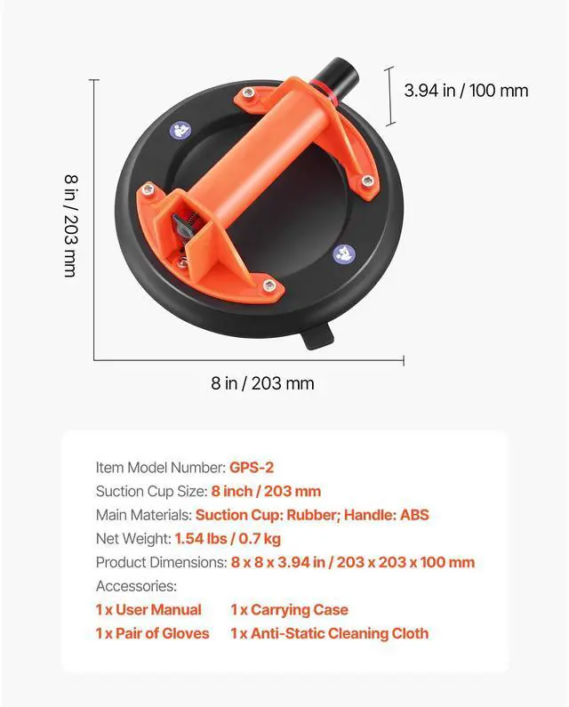 Alt view image 7 of 7 - Vacuum Suction Cup, 8-Inch Vacuum Glass Lifter with ABS Handle, 400 lbs Max Lifting Capacity Tile Suction Cup Tool with Carrying Case for Lifting Large Tile, Granite, Drywall, Windows (1-Pack)