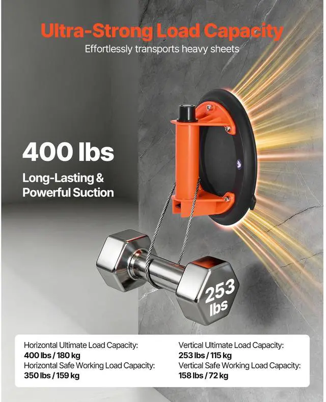 Alt view image 3 of 7 - Vacuum Suction Cup, 8-Inch Vacuum Glass Lifter with ABS Handle, 400 lbs Max Lifting Capacity Tile Suction Cup Tool with Carrying Case for Lifting Large Tile, Granite, Drywall, Windows (1-Pack)