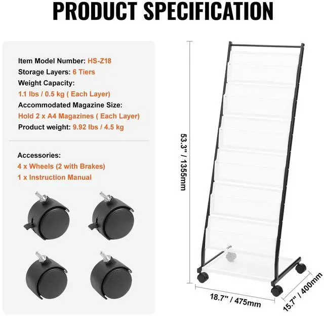 Alt view image 14 of 14 - VEVOR  Brochure Display Rack, 6-Tier Magazine Literature Display Stand, Floor Standing Magazine Rack Newspaper Catalog Holders, Movable with 4 Wheels (2 Lockable) for Shop Exhibitions Office, 6 Pocke