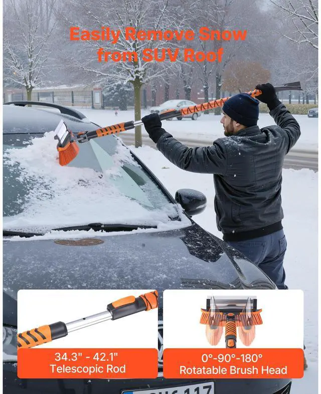 Alt view image 4 of 8 - VEVOR Car Snow Brush, 3-in-1 Snow Remover for Car Windshield - with 180° Pivoting Brush Head, Squeegee & Ice Scraper, 34.3"-42.1" Extendable Aluminum Handle and Foam Grip for Cars, Truck, SUV, RV