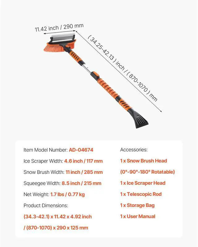 Alt view image 8 of 8 - VEVOR Car Snow Brush, 3-in-1 Snow Remover for Car Windshield - with 180° Pivoting Brush Head, Squeegee & Ice Scraper, 34.3"-42.1" Extendable Aluminum Handle and Foam Grip for Cars, Truck, SUV, RV