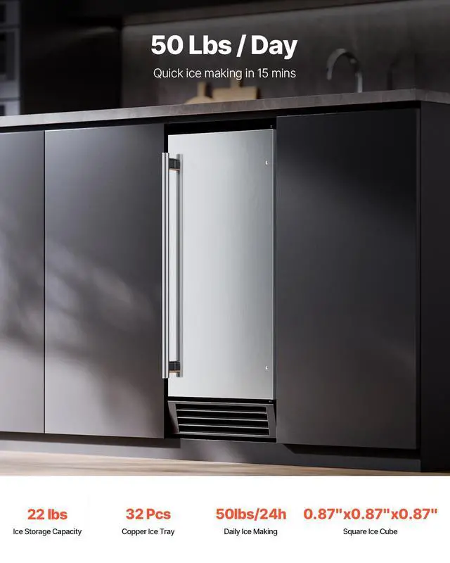 Alt view image 2 of 7 - Undercounter Built-in Ice Maker, 50 Lbs/Day Under Counter Ice Maker Machine with Drain Pump Reversible Door Stainless Steel, Freestanding Ice Maker for Commercial Home Kitchen