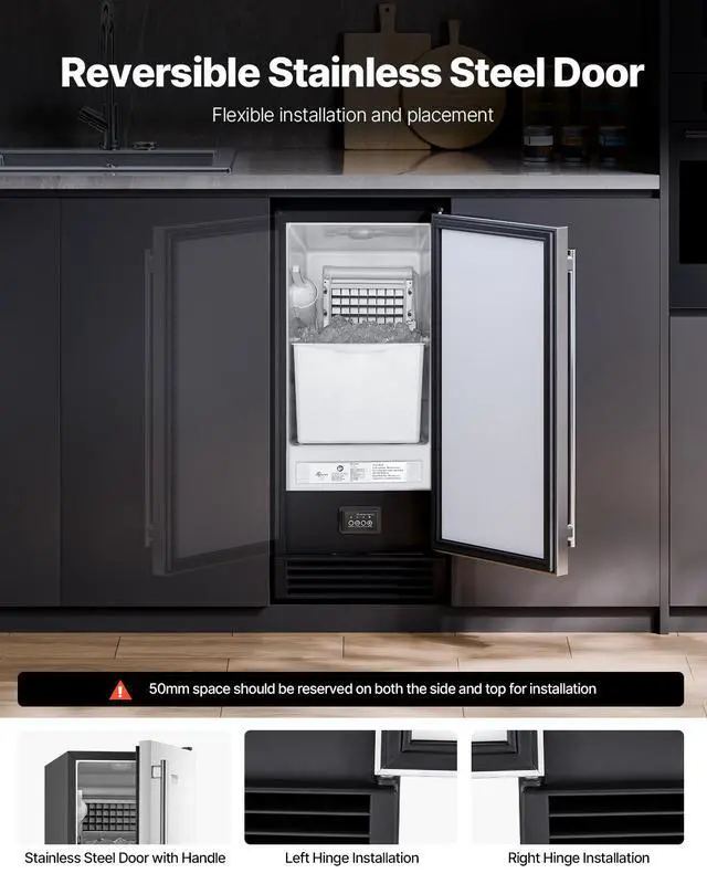 Alt view image 3 of 7 - Undercounter Built-in Ice Maker, 50 Lbs/Day Under Counter Ice Maker Machine with Drain Pump Reversible Door Stainless Steel, Freestanding Ice Maker for Commercial Home Kitchen