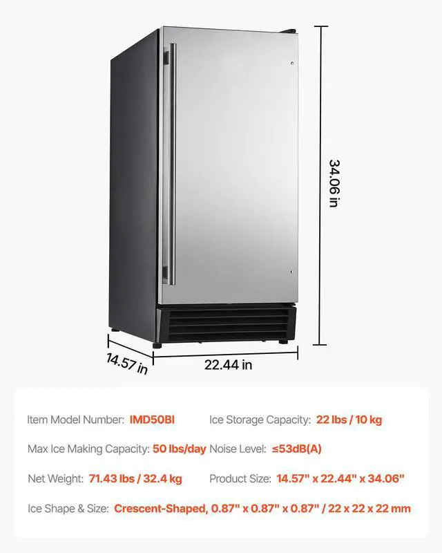 Alt view image 7 of 7 - Undercounter Built-in Ice Maker, 50 Lbs/Day Under Counter Ice Maker Machine with Drain Pump Reversible Door Stainless Steel, Freestanding Ice Maker for Commercial Home Kitchen