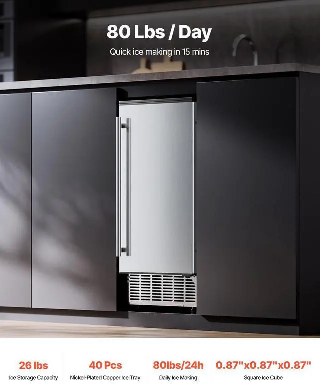 Alt view image 2 of 7 - Undercounter Built-in Ice Maker, 80 Lbs/Day Under Counter Ice Maker Machine with Reversible Door Stainless Steel, Freestanding Ice Maker for Commercial Home Kitchen, Electric Drainage