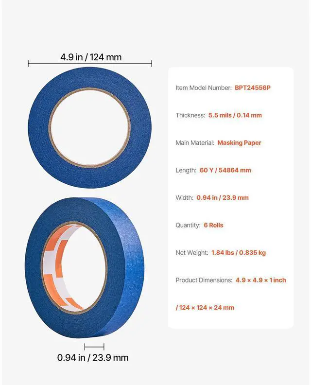 Alt view image 14 of 14 - VEVOR Painters Tape 1 Inch Wide (0.94 In x 60 Yds) 6 Rolls Blue Painter Masking Tape
