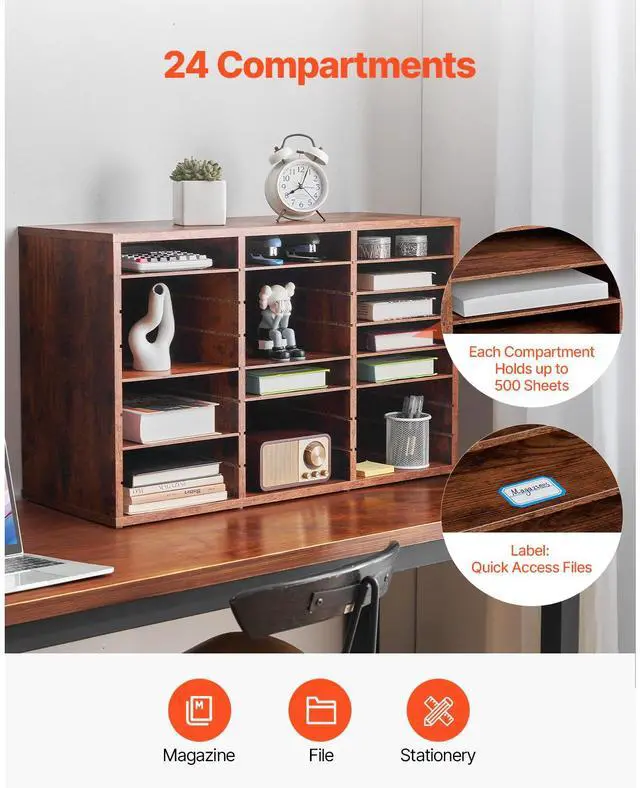 Alt view image 6 of 9 - VEVOR Literature Organizer, 24 Compartments Office Mailbox with Removable Shelves, Wooden Mailbox Sorter Particle Board Office Home Classroom Storage, File Sorter for Documents, Papers, Retro Brown