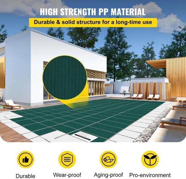 Alt view image 3 of 7 - Pool Safety Cover Fits 16x32ft Rectangle Inground Pools, Safety Pool Cover with 4x10ft Center End Step, Mesh Solid Pool Cover with Drainage Holes for Swimming Pool, Winter Safety Cover, Green