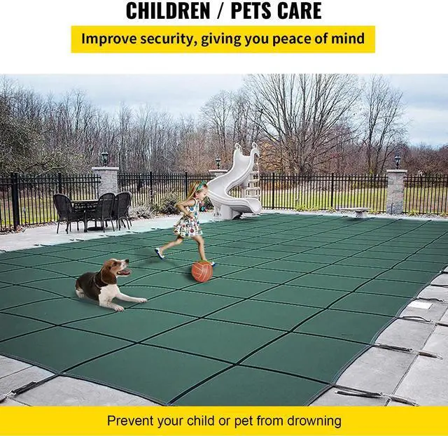 Alt view image 5 of 7 - Pool Safety Cover Fits 16x32ft Rectangle Inground Pools, Safety Pool Cover with 4x10ft Center End Step, Mesh Solid Pool Cover with Drainage Holes for Swimming Pool, Winter Safety Cover, Green