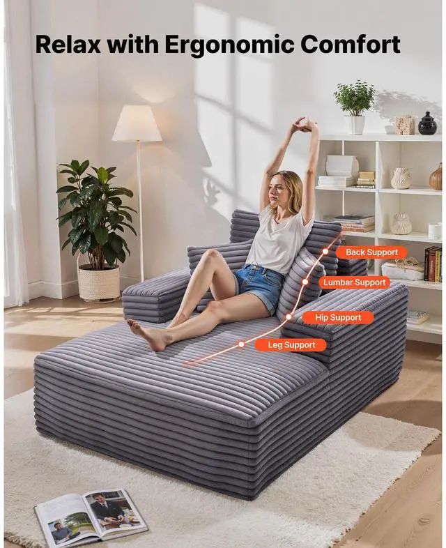 Alt view image 3 of 8 - VEVOR Chaise Lounge Chair, 54 in Boneless Chaise Lounge Indoor, Modern Upholstered Oversized Reading Chair with Throw Pillows & Armrests, Sofa Couch Deep Seat Sleeper for Living Room, Bedroom, Grey