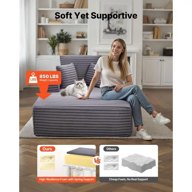 Alt view image 5 of 8 - VEVOR Chaise Lounge Chair, 54 in Boneless Chaise Lounge Indoor, Modern Upholstered Oversized Reading Chair with Throw Pillows & Armrests, Sofa Couch Deep Seat Sleeper for Living Room, Bedroom, Grey