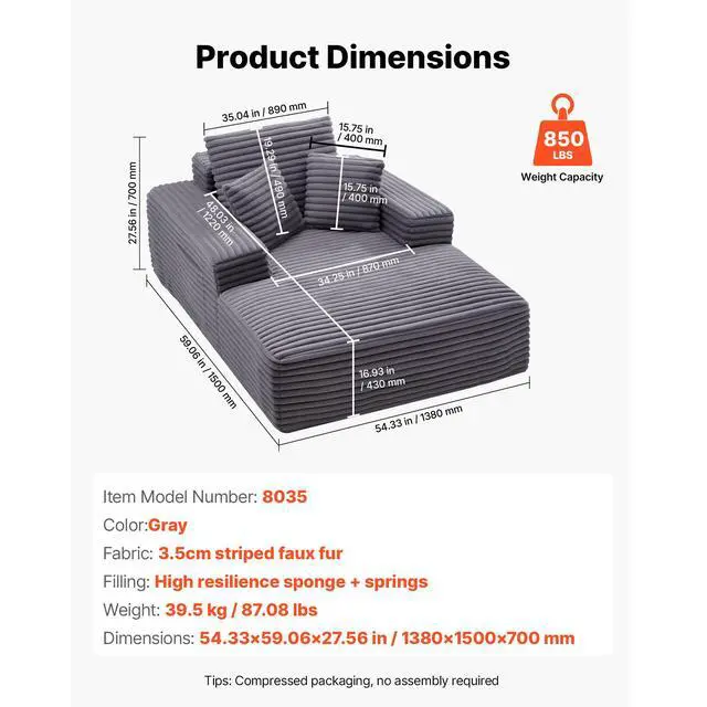 Alt view image 8 of 8 - VEVOR Chaise Lounge Chair, 54 in Boneless Chaise Lounge Indoor, Modern Upholstered Oversized Reading Chair with Throw Pillows & Armrests, Sofa Couch Deep Seat Sleeper for Living Room, Bedroom, Grey