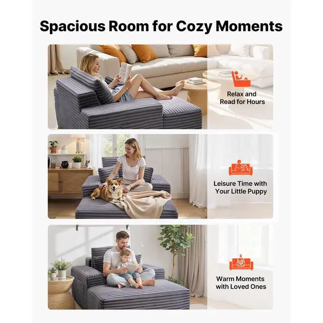 Alt view image 7 of 8 - VEVOR Chaise Lounge Chair, 54 in Boneless Chaise Lounge Indoor, Modern Upholstered Oversized Reading Chair with Throw Pillows & Armrests, Sofa Couch Deep Seat Sleeper for Living Room, Bedroom, Grey