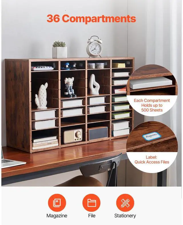 Alt view image 5 of 8 - VEVOR Literature Organizer, 36 Compartments Office Mailbox with Removable Shelves, Wood Mailbox Sorter Particle Board Office Home Classroom Storage, File Sorter for File, Document, Paper, Dark Brown