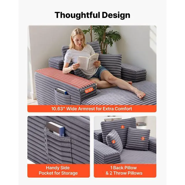 Alt view image 6 of 8 - VEVOR Chaise Lounge Chair, 54 in Boneless Chaise Lounge Indoor, Modern Upholstered Oversized Reading Chair with Throw Pillows & Armrests, Sofa Couch Deep Seat Sleeper for Living Room, Bedroom, Grey