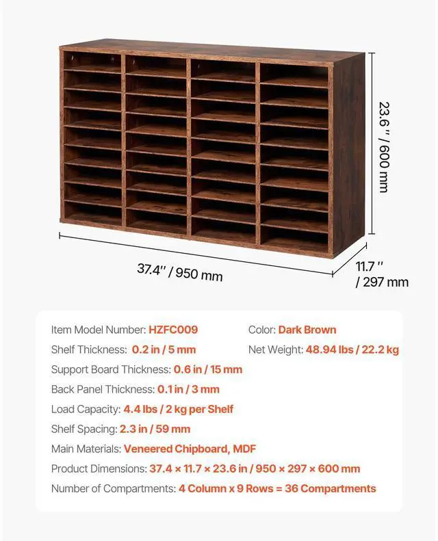 Alt view image 8 of 8 - VEVOR Literature Organizer, 36 Compartments Office Mailbox with Removable Shelves, Wood Mailbox Sorter Particle Board Office Home Classroom Storage, File Sorter for File, Document, Paper, Dark Brown