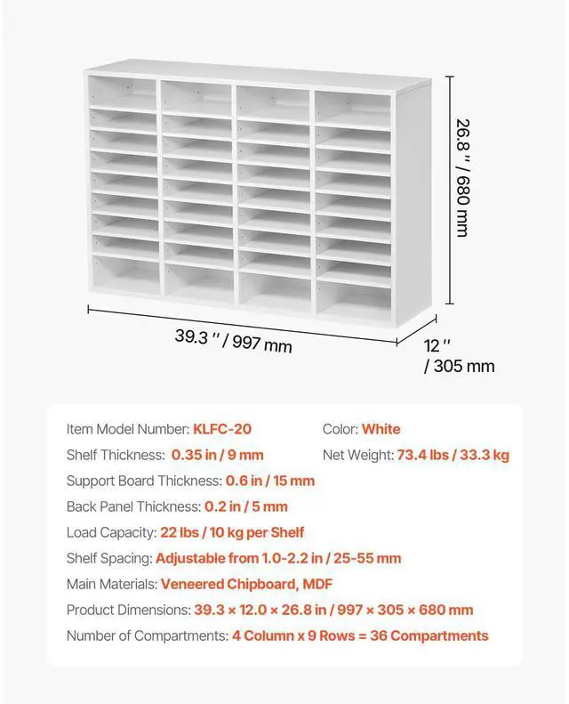 Alt view image 8 of 8 - VEVOR Literature Organizer, 36 Compartments Office Mailbox with Adjustable Shelves, Wooden Mailbox Sorter Medium Density Fiberboard Office Home Classroom Storage for Files, Documents, Papers, White