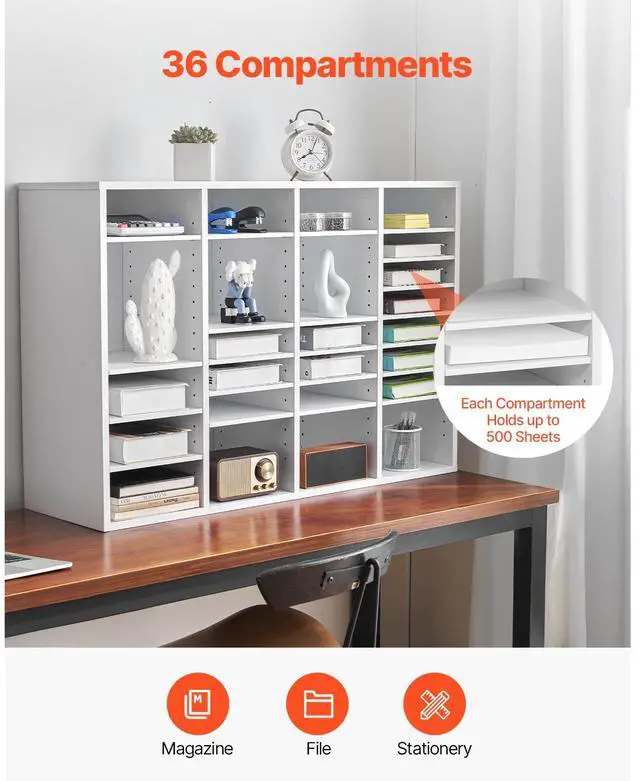 Alt view image 5 of 8 - VEVOR Literature Organizer, 36 Compartments Office Mailbox with Adjustable Shelves, Wooden Mailbox Sorter Medium Density Fiberboard Office Home Classroom Storage for Files, Documents, Papers, White