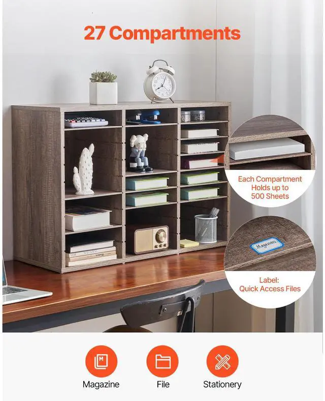 Alt view image 6 of 9 - VEVOR Literature Organizer, 27 Compartments Office Mailbox with Removable Shelves, Wood Mailbox Sorter Particle Board Office Home Classroom Storage, File Sorter for File, Document, Paper, Black-Grey
