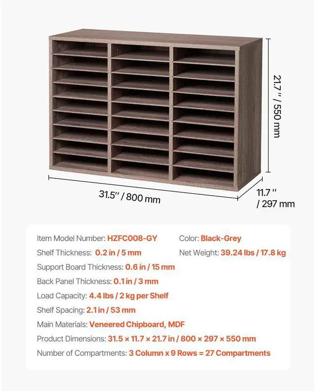 Alt view image 9 of 9 - VEVOR Literature Organizer, 27 Compartments Office Mailbox with Removable Shelves, Wood Mailbox Sorter Particle Board Office Home Classroom Storage, File Sorter for File, Document, Paper, Black-Grey