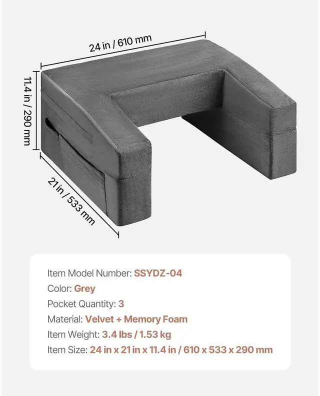 Alt view image 14 of 14 - VEVOR Reading Pillow, Lap Desk Pillow with Washable Cloth, Large Bed Pillow with 2 Pockets and Cup Holder, Memory Foam Bed Rest for Reading, Gaming, Resting, Working, Grey