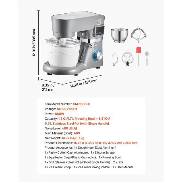 Alt view image 8 of 8 - VEVOR Ice Cream Maker, 1.8 Qt. Capacity, 6-Speed Electric Stand Mixer, with LED Digital Display & Timer, Mixing Paddle, Dough Hook, Splash Guard, for Homemade Frozen Yogurt Fruit Sorbet Gelato, Grey