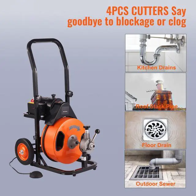 Alt view image 9 of 14 - VEVOR Drain Cleaning Machine 75FT x 3/8 Inch, Sewer Snake Machine Auto Feed, Drain Auger Cleaner with 4 Cutter & Air-Activated Foot Switch for 1" to 4" Pipes