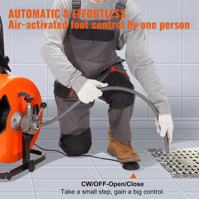 Alt view image 5 of 8 - VEVOR Drain Cleaning Machine 100FT x 3/4 Inch, Sewer Snake Machine Auto Feed, Drain Auger Cleaner with 4 Cutter & Air-Activated Foot Switch for 1" to 4" Pipes