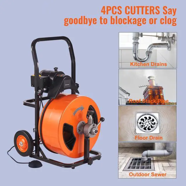 Alt view image 3 of 8 - VEVOR Drain Cleaning Machine 100FT x 3/4 Inch, Sewer Snake Machine Auto Feed, Drain Auger Cleaner with 4 Cutter & Air-Activated Foot Switch for 1" to 4" Pipes