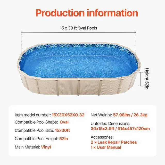 Alt view image 8 of 8 - VEVOR 15 x 30 ft Oval Pool Liner, Unibead Above Ground Pool Liners, 52in Wall Height, Durable Standard Gauge Vinyl, Designed for Steel Sided Above-Ground Swimming Pools